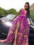 A Line Deep V Neck High Slit Purple Tulle Prom Dresses LBQ2563
